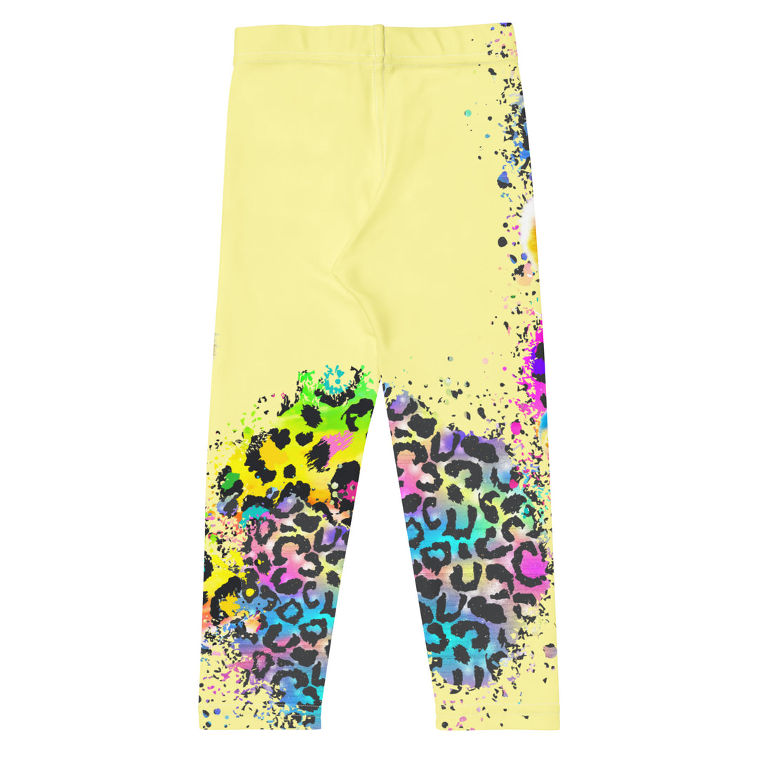  ColorSplash Panda Girls Leggings, yellow background with a colorful koala on each leg, featuring a vibrant tiger-striped design blending into the yellow background, partial yellow areas, back view