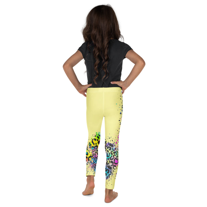 ColorSplash Panda Girls Leggings, yellow background with a colorful koala on each leg, featuring a vibrant tiger-striped design blending into the yellow background, partial yellow areas, back view on model