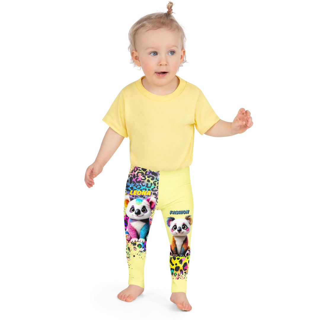  ColorSplash Panda Girls Leggings, yellow background with a colorful koala on each leg, featuring a vibrant tiger-striped design blending into the yellow background, partial yellow areas, front close-up view on model-with a visible 'Leona Fashion' text on the design