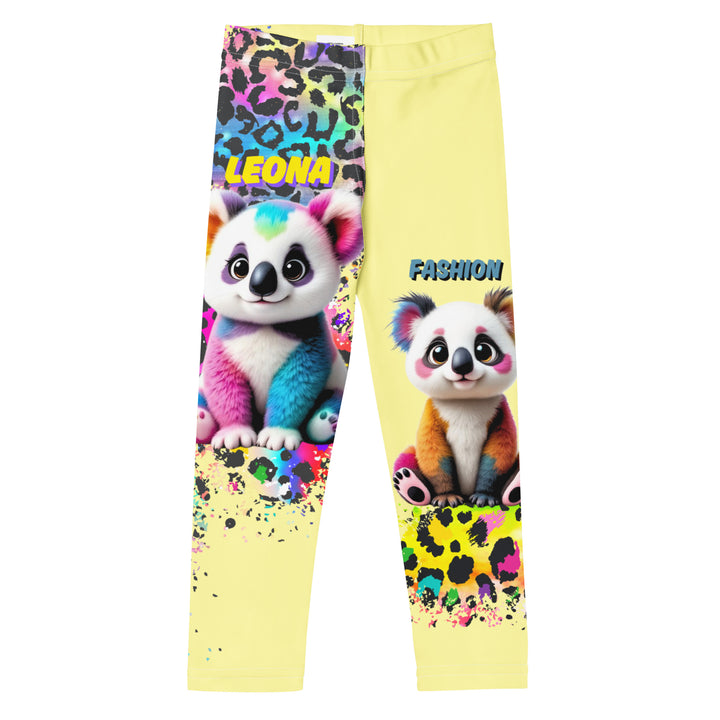  ColorSplash Panda Girls Leggings, yellow background with a colorful koala on each leg, featuring a vibrant tiger-striped design blending into the yellow background, partial yellow areas, front view-with a visible 'Leona Fashion' text on the design