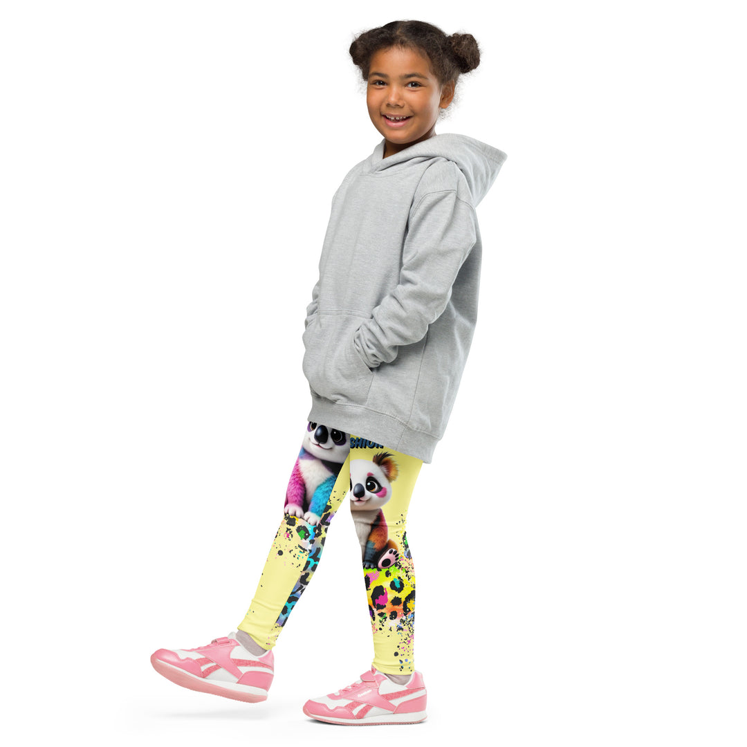 ColorSplash Panda Girls Leggings, yellow background with a colorful koala on each leg, featuring a vibrant tiger-striped design blending into the yellow background, partial yellow areas, front view with one leg lifted and extended on model