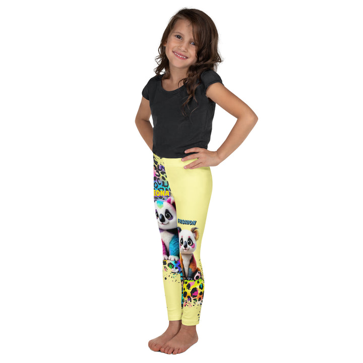 ColorSplash Panda Girls Leggings, yellow background with a colorful koala on each leg, featuring a vibrant tiger-striped design blending into the yellow background, partial yellow areas, left side view on model-with a visible 'Leona Fashion' text on the design