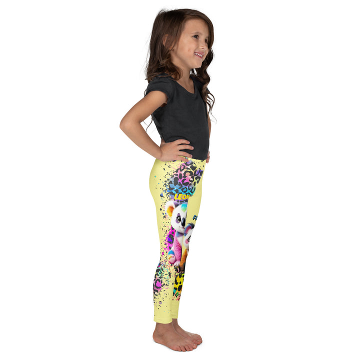 ColorSplash Panda Girls Leggings, yellow background with a colorful koala on each leg, featuring a vibrant tiger-striped design blending into the yellow background, partial yellow areas, right side view on model-with a visible 'Leona Fashion' text on the design