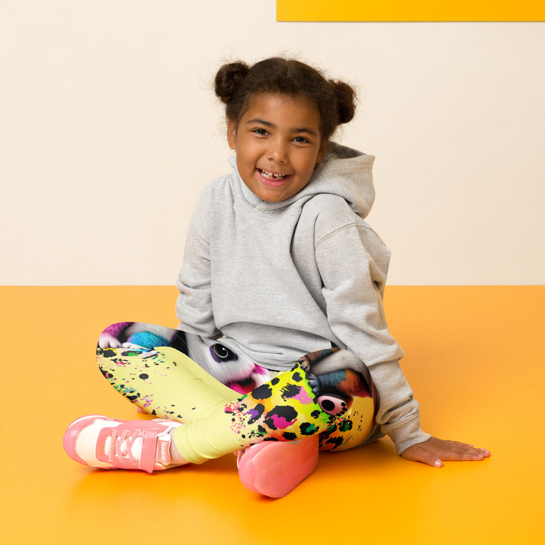  ColorSplash Panda Girls Leggings, yellow background with a colorful koala on each leg, featuring a vibrant tiger-striped design blending into the yellow background, partial yellow areas, seated pose on model