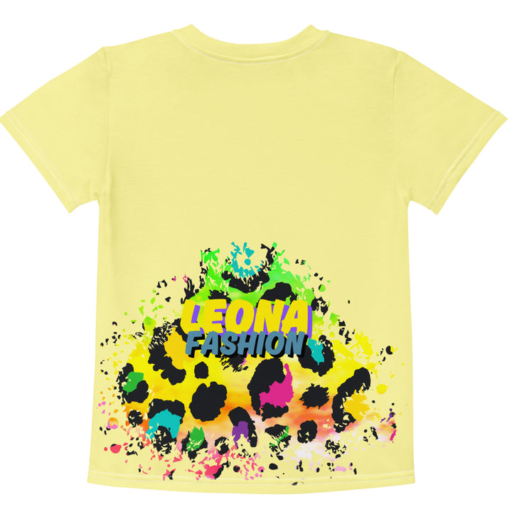 ColorSplash Panda Girls T-shirt, yellow background with a colorful koala sitting on a vibrant tiger-striped design on the front, tiger-striped design at the bottom on the back with "Leona Fashion" text in the center, back view