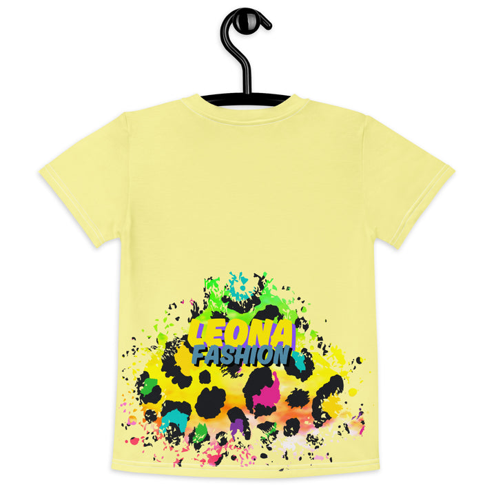 ColorSplash Panda Girls T-shirt, yellow background with a colorful koala sitting on a vibrant tiger-striped design on the front, tiger-striped design at the bottom on the back with "Leona Fashion" text in the center, back view on hanger