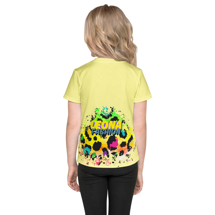 ColorSplash Panda Girls T-shirt, yellow background with a colorful koala sitting on a vibrant tiger-striped design on the front, tiger-striped design at the bottom on the back with "Leona Fashion" text in the center, back view on model