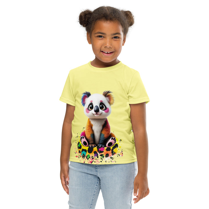 ColorSplash Panda Girls T-shirt, yellow background with a colorful koala sitting on a vibrant tiger-striped design on the front, tiger-striped design at the bottom on the back with "Leona Fashion" text in the center, front pose with arms at sides on model