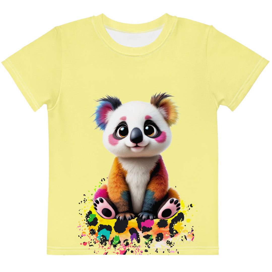 ColorSplash Panda Girls T-shirt, yellow background with a colorful koala sitting on a vibrant tiger-striped design on the front, tiger-striped design at the bottom on the back with "Leona Fashion" text in the center, front view