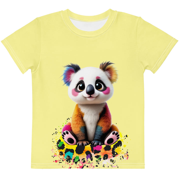ColorSplash Panda Girls T-shirt, yellow background with a colorful koala sitting on a vibrant tiger-striped design on the front, tiger-striped design at the bottom on the back with "Leona Fashion" text in the center, front view