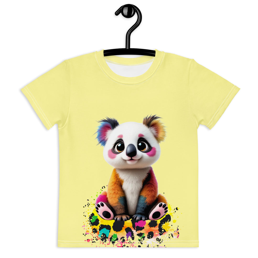  ColorSplash Panda Girls T-shirt, yellow background with a colorful koala sitting on a vibrant tiger-striped design on the front, tiger-striped design at the bottom on the back with "Leona Fashion" text in the center, front view on hanger