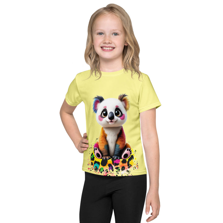 ColorSplash Panda Girls T-shirt, yellow background with a colorful koala sitting on a vibrant tiger-striped design on the front, tiger-striped design at the bottom on the back with "Leona Fashion" text in the center, front view on model