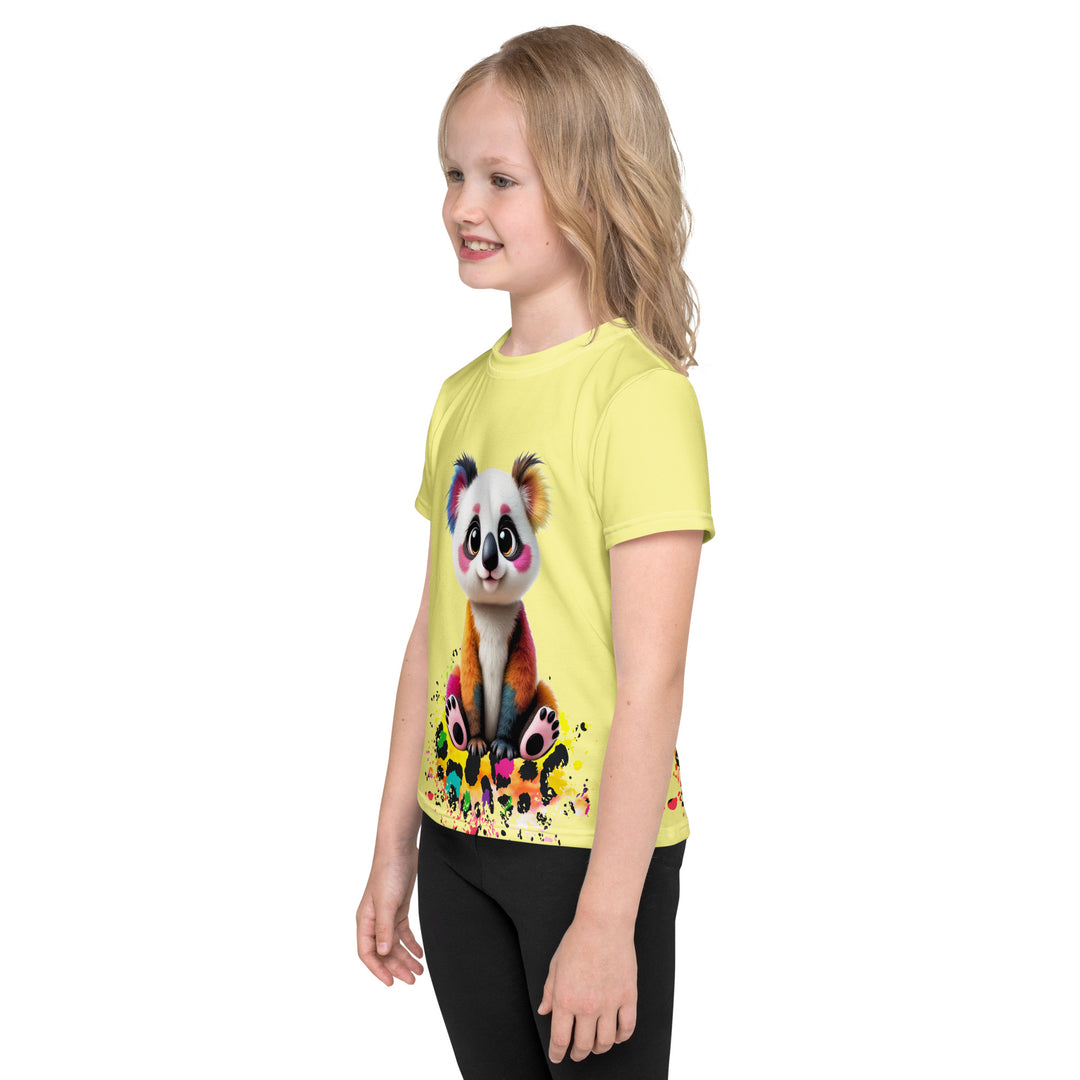 ColorSplash Panda Girls T-shirt, yellow background with a colorful koala sitting on a vibrant tiger-striped design on the front, tiger-striped design at the bottom on the back with "Leona Fashion" text in the center, left side view on model