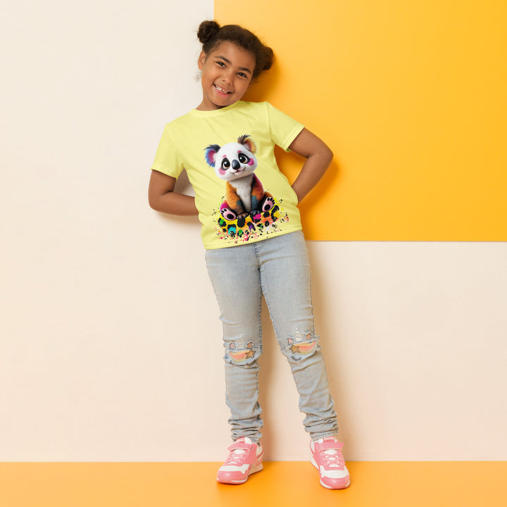 ColorSplash Panda Girls T-shirt, yellow background with a colorful koala sitting on a vibrant tiger-striped design on the front, tiger-striped design at the bottom on the back with "Leona Fashion" text in the center, relaxed front pose on model