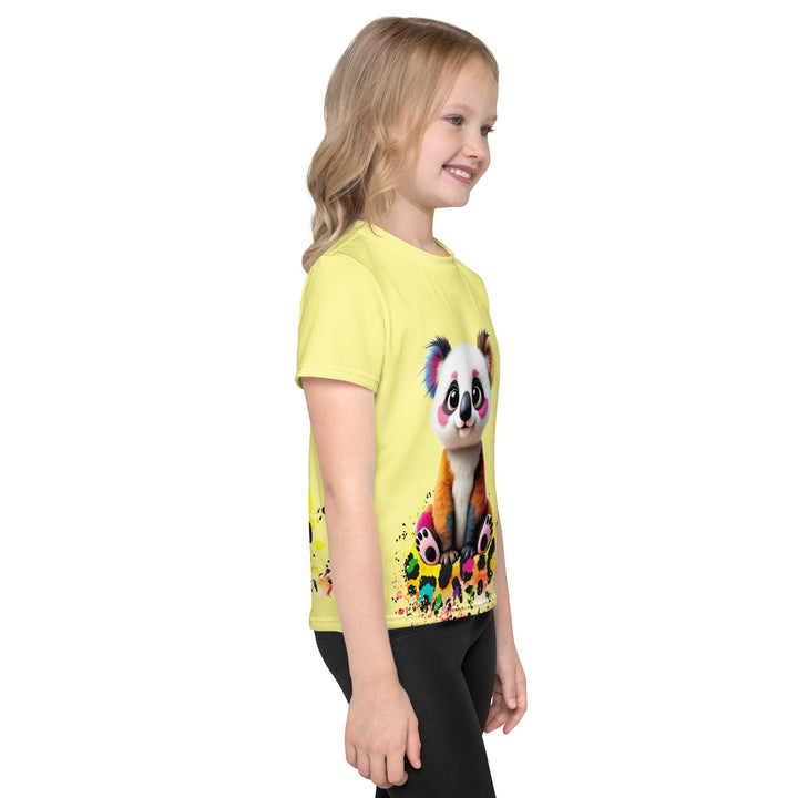 ColorSplash Panda Girls T-shirt, yellow background with a colorful koala sitting on a vibrant tiger-striped design on the front, tiger-striped design at the bottom on the back with "Leona Fashion" text in the center, right side view on model.