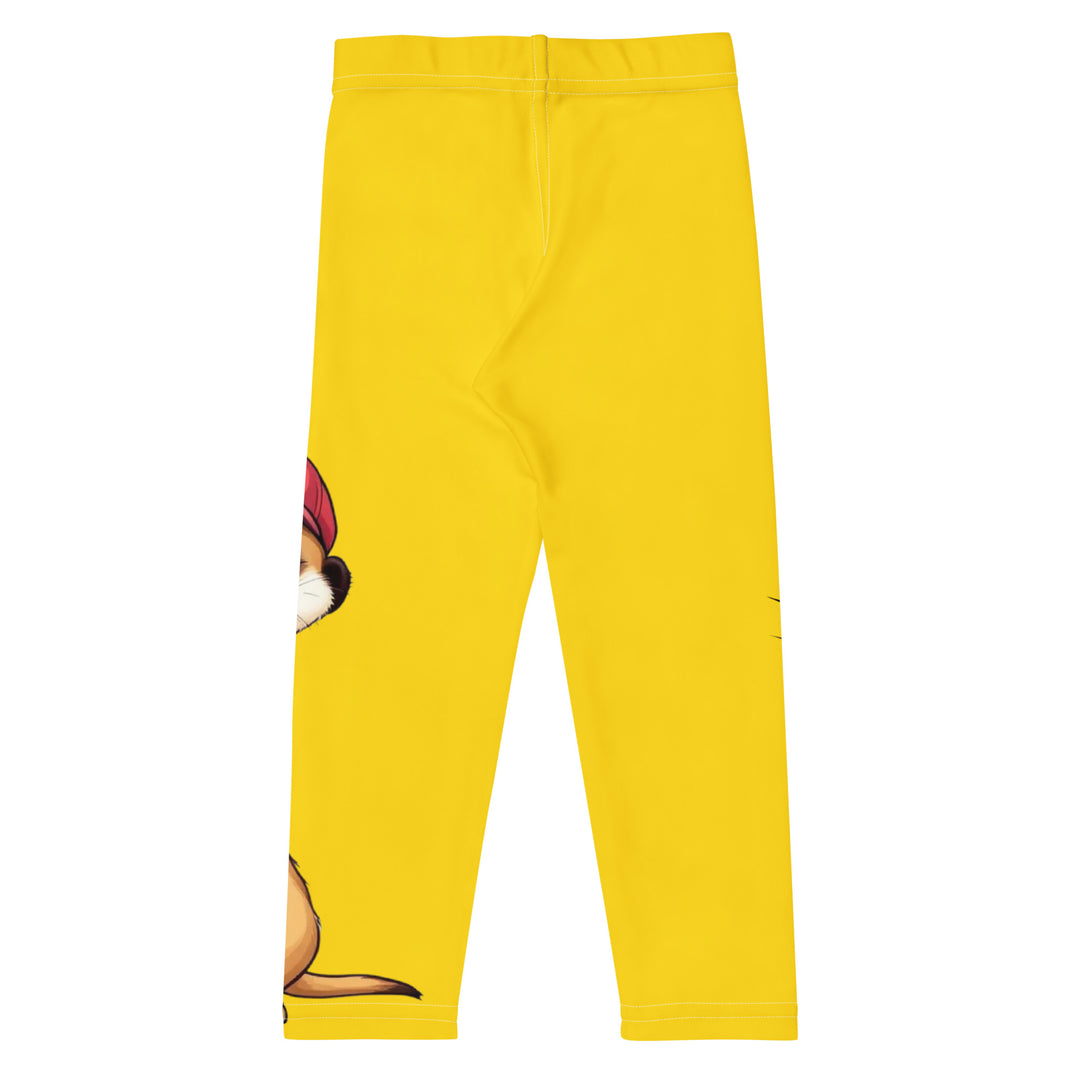 Cool Meerkat Girls Leggings, yellow background with a meerkat wearing a red cap on one leg and a paw graphic on the other leg appearing to come through the fabric, back view