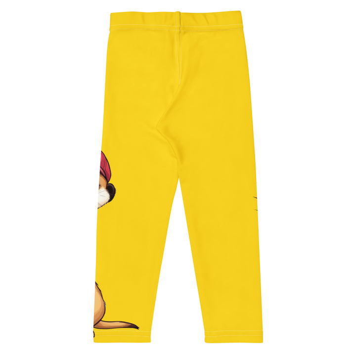 Cool Meerkat Girls Leggings, yellow background with a meerkat wearing a red cap on one leg and a paw graphic on the other leg appearing to come through the fabric, back view