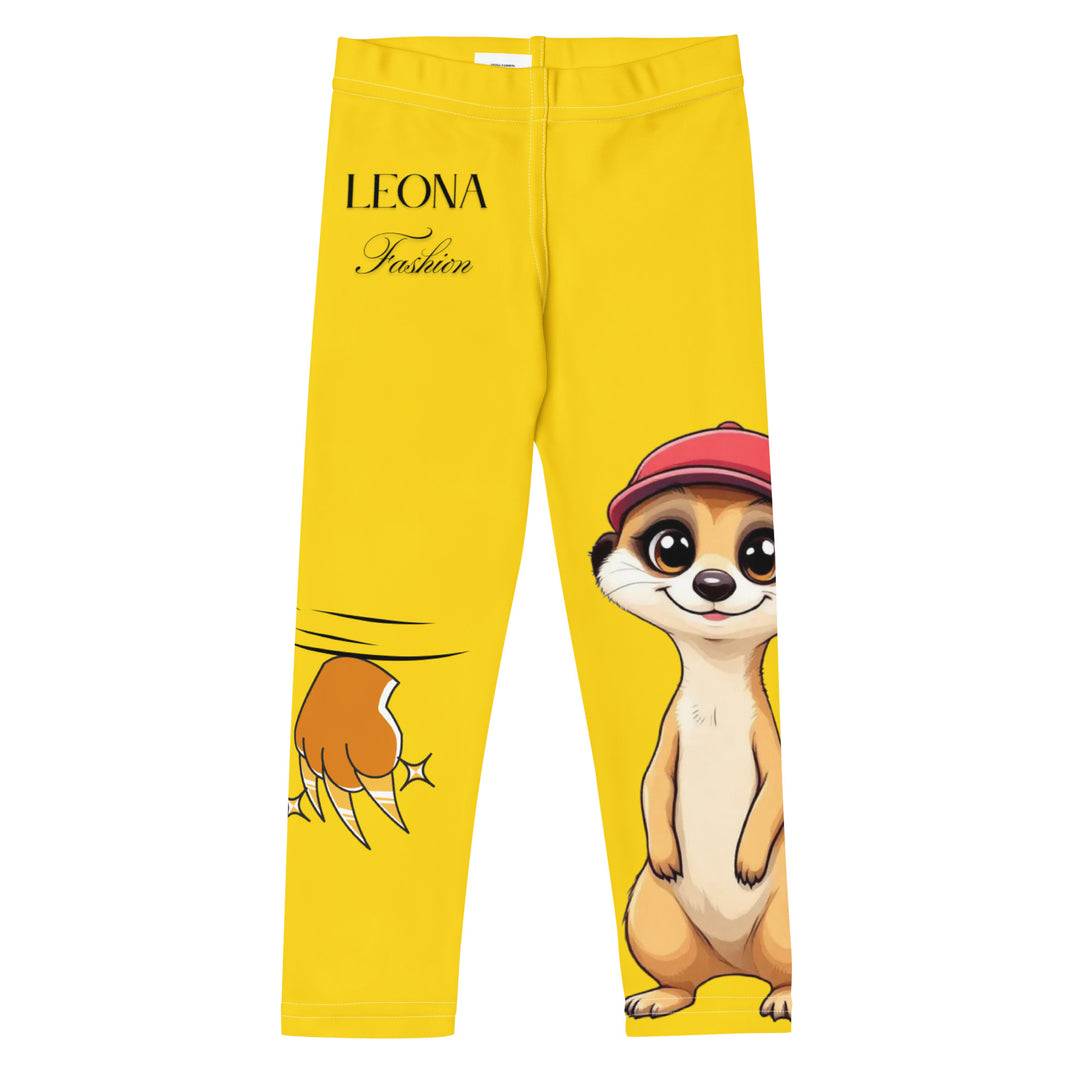 Cool Meerkat Girls Leggings, yellow background with a meerkat wearing a red cap on one leg and a paw graphic on the other leg appearing to come through the fabric, front view-with a visible 'Leona Fashion' text on the design