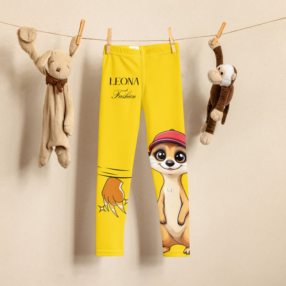 Cool Meerkat Girls Leggings, yellow background with a meerkat wearing a red cap on one leg and a paw graphic on the other leg appearing to come through the fabric, front view on hanger-with a visible 'Leona Fashion' text on the design