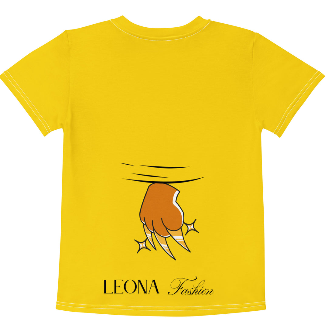 Cool Meerkat Girls T-shirt, yellow background with a meerkat wearing a red cap on the front, and a paw graphic on the back appearing to come through the fabric, back view-with a visible 'Leona Fashion' text on the design