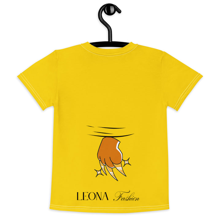 Cool Meerkat Girls T-shirt, yellow background with a meerkat wearing a red cap on the front, and a paw graphic on the back appearing to come through the fabric, back view on hanger-with a visible 'Leona Fashion' text on the design