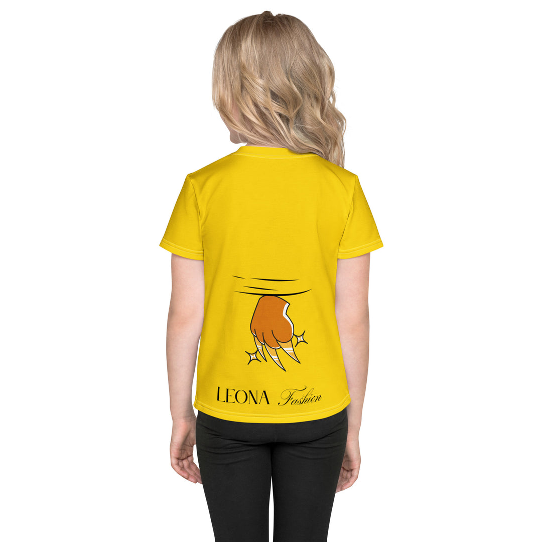 Cool Meerkat Girls T-shirt, yellow background with a meerkat wearing a red cap on the front, and a paw graphic on the back appearing to come through the fabric, back view on model-with a visible 'Leona Fashion' text on the design