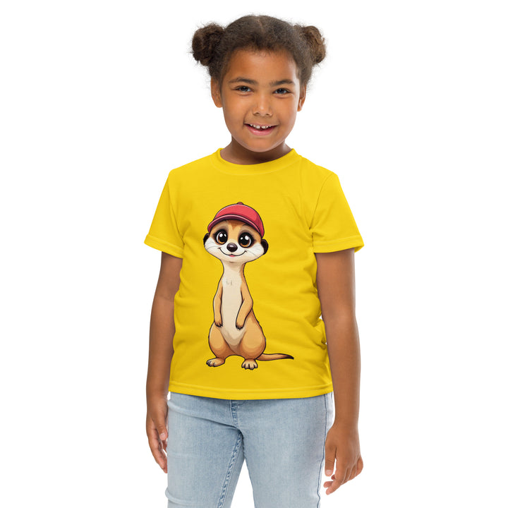 Cool Meerkat Girls T-shirt, yellow background with a meerkat wearing a red cap on the front, and a paw graphic on the back appearing to come through the fabric, front pose with arms at sides on model