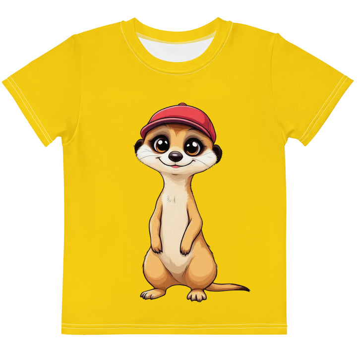 Cool Meerkat Girls T-shirt, yellow background with a meerkat wearing a red cap on the front, and a paw graphic on the back appearing to come through the fabric, front view