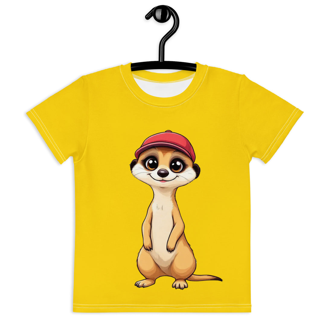  Cool Meerkat Girls T-shirt, yellow background with a meerkat wearing a red cap on the front, and a paw graphic on the back appearing to come through the fabric, front view on hanger