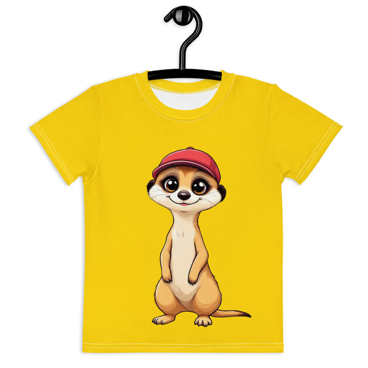  Cool Meerkat Girls T-shirt, yellow background with a meerkat wearing a red cap on the front, and a paw graphic on the back appearing to come through the fabric, front view on hanger