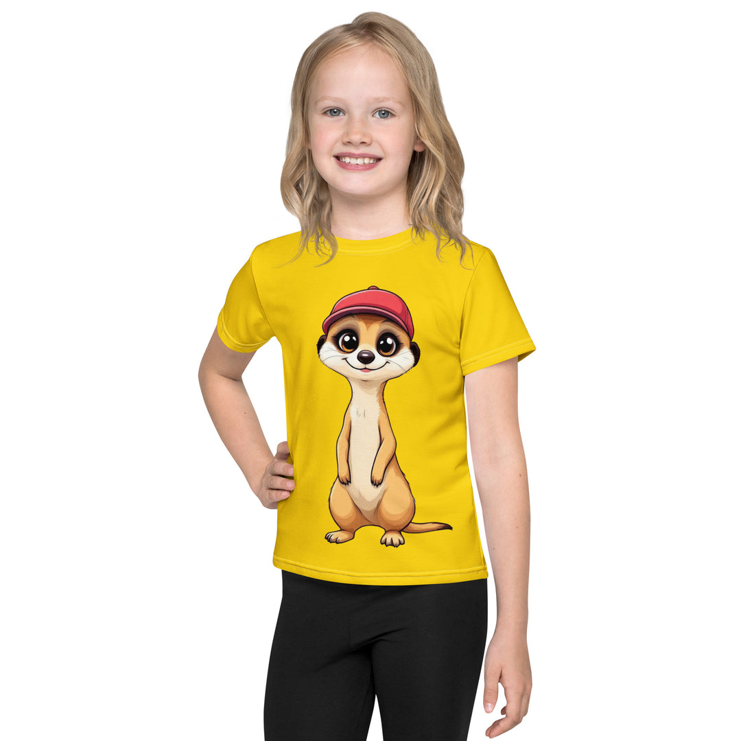Cool Meerkat Girls T-shirt, yellow background with a meerkat wearing a red cap on the front, and a paw graphic on the back appearing to come through the fabric, front view on model
