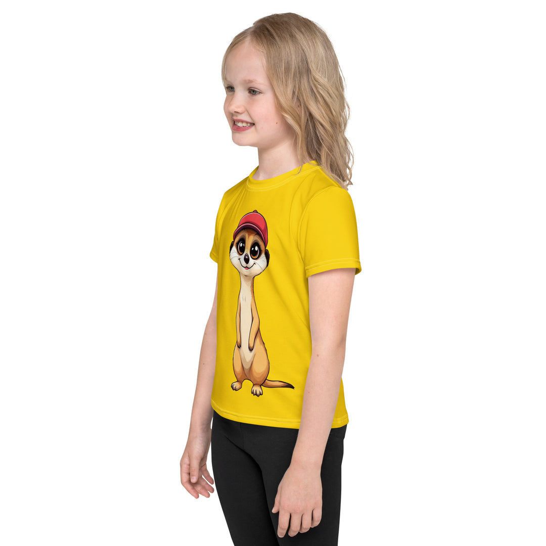  Cool Meerkat Girls T-shirt, yellow background with a meerkat wearing a red cap on the front, and a paw graphic on the back appearing to come through the fabric, left side view on model