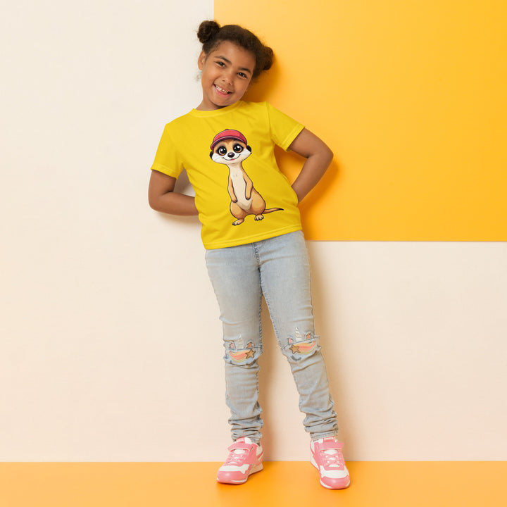  Cool Meerkat Girls T-shirt, yellow background with a meerkat wearing a red cap on the front, and a paw graphic on the back appearing to come through the fabric, relaxed front pose on model