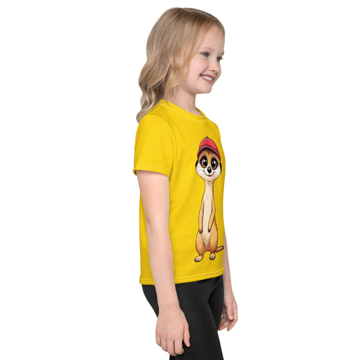 Cool Meerkat Girls T-shirt, yellow background with a meerkat wearing a red cap on the front, and a paw graphic on the back appearing to come through the fabric, right side view on model