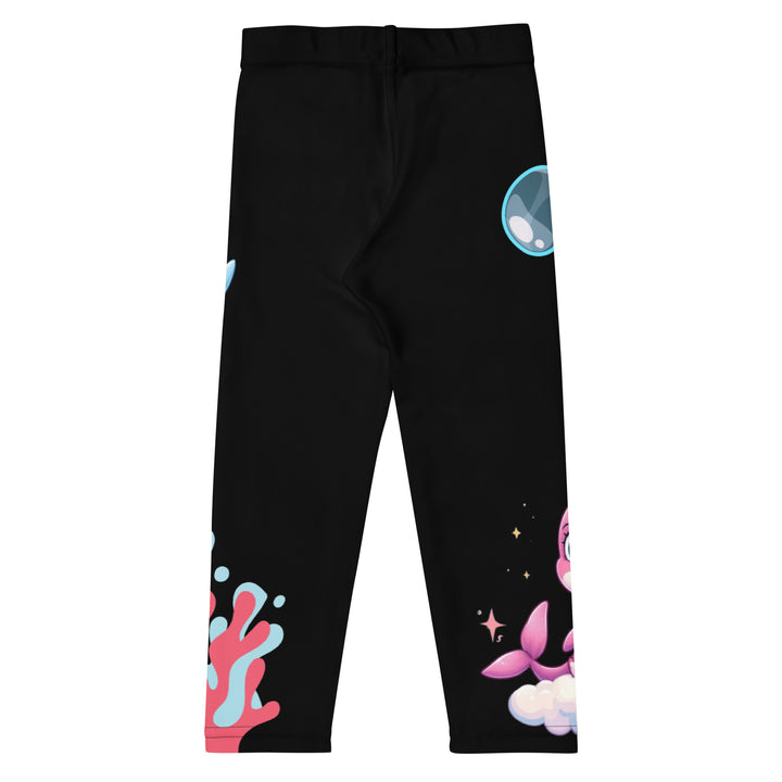 Coral Dolphin Girls Leggings, black background with a pink baby dolphin lying on a white cloud at the bottom of one leg and blue sea bubbles above, and a blue baby dolphin on the upper part of the other leg with pink and blue coral details at the bottom, back view