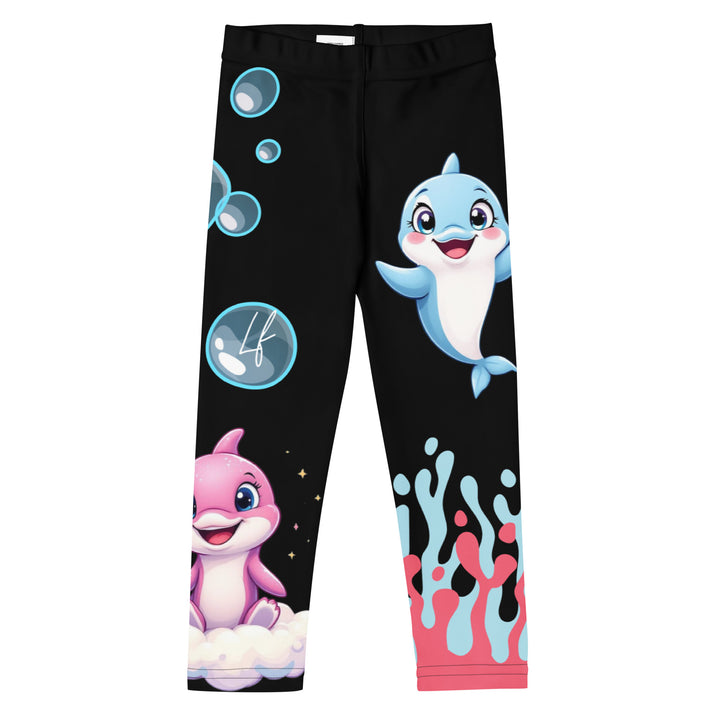 Coral Dolphin Girls Leggings, black background with a pink baby dolphin lying on a white cloud at the bottom of one leg and blue sea bubbles above, and a blue baby dolphin on the upper part of the other leg with pink and blue coral details at the bottom, front view