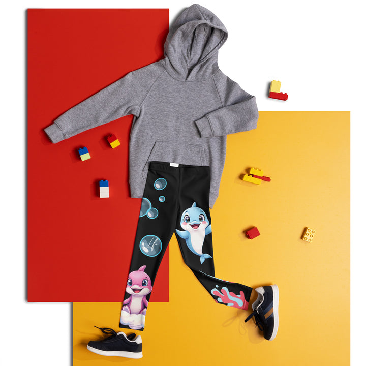 Coral Dolphin Girls Leggings, black background with a pink baby dolphin lying on a white cloud at the bottom of one leg and blue sea bubbles above, and a blue baby dolphin on the upper part of the other leg with pink and blue coral details at the bottom, front view laid flat on floor