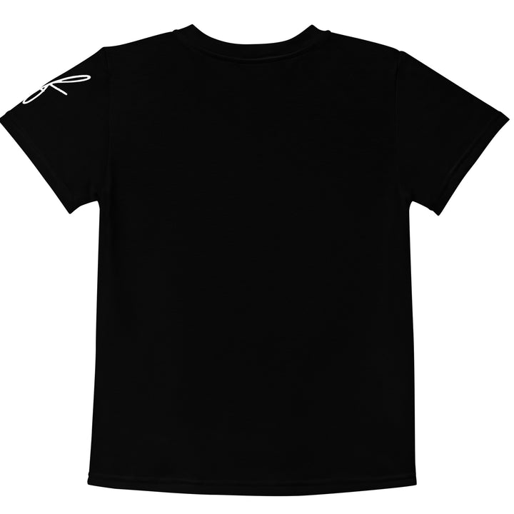 Coral Dolphin Girls T-shirt, black background with a pink baby dolphin sitting on a white cloud surrounded by small sparkling yellow stars, back view