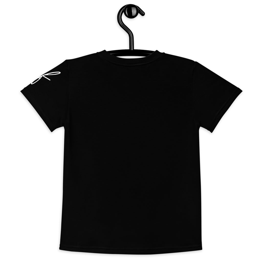 Coral Dolphin Girls T-shirt, black background with a pink baby dolphin sitting on a white cloud surrounded by small sparkling yellow stars, back view on hanger