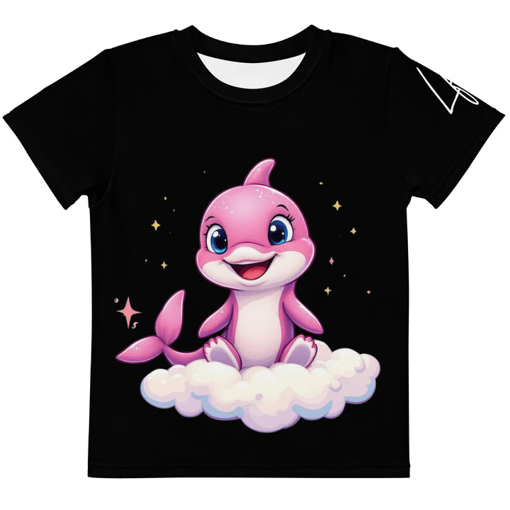Coral Dolphin Girls T-shirt, black background with a pink baby dolphin sitting on a white cloud surrounded by small sparkling yellow stars, front view