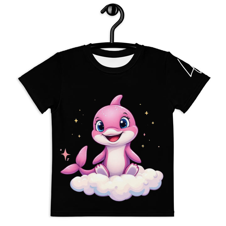  Coral Dolphin Girls T-shirt, black background with a pink baby dolphin sitting on a white cloud surrounded by small sparkling yellow stars, front view on hanger