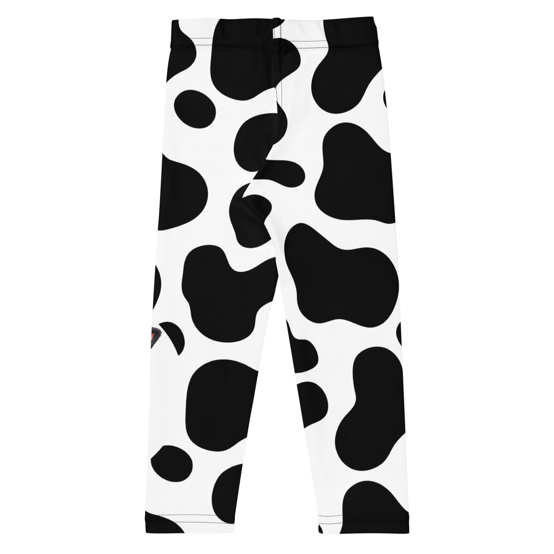Cowlicious Love Girls Leggings, white background with black cow-like spots and a small black and white cow with a flower in its hair on one leg, back view