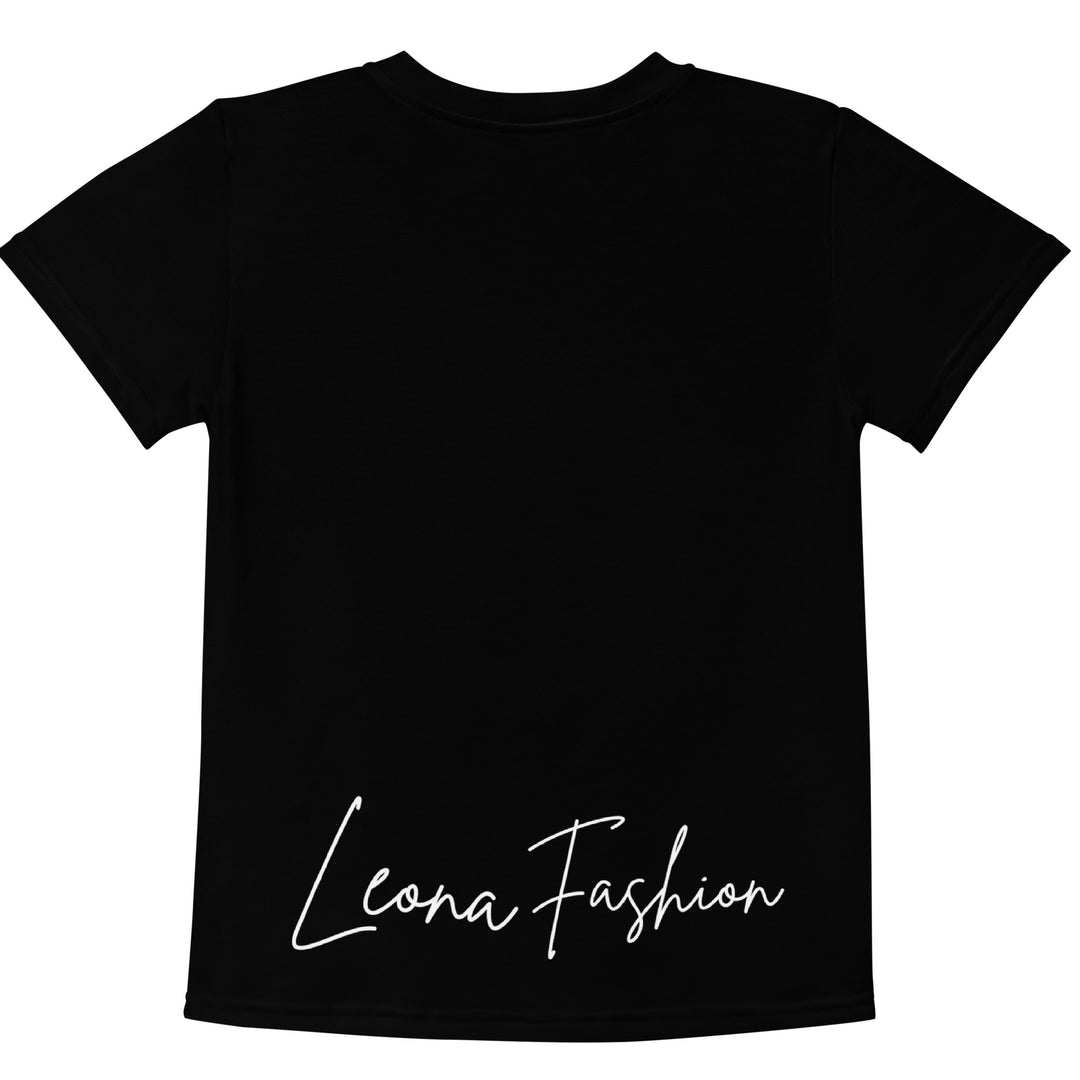 Cowlicious Love Girls T-shirt, black background with a black and white cow featuring a flower in its hair on the front, and a black and white cow-print heart outlined in pink behind it, back view-with a visible 'Leona Fashion' text on the design