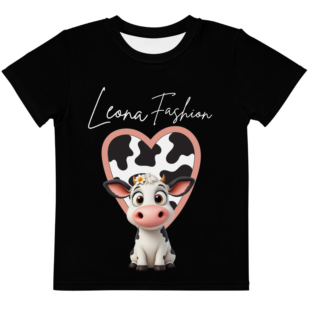 Cowlicious Love Girls T-shirt, black background with a black and white cow featuring a flower in its hair on the front, and a black and white cow-print heart outlined in pink behind it, front view-with a visible 'Leona Fashion' text on the design