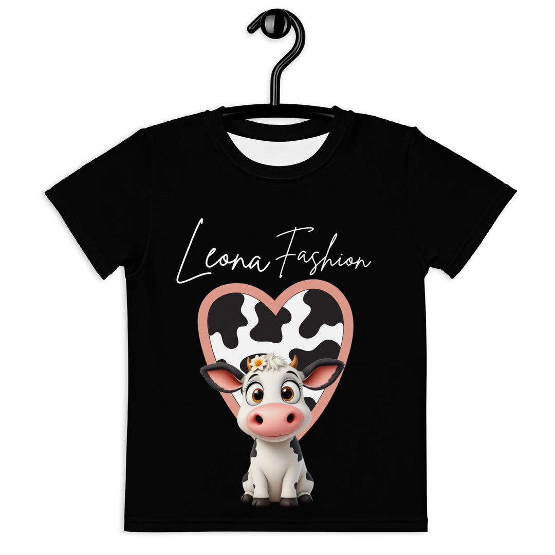 Cowlicious Love Girls T-shirt, black background with a black and white cow featuring a flower in its hair on the front, and a black and white cow-print heart outlined in pink behind it, front view on hanger-with a visible 'Leona Fashion' text on the design