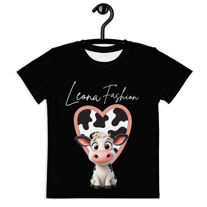 Cowlicious Love Girls T-shirt, black background with a black and white cow featuring a flower in its hair on the front, and a black and white cow-print heart outlined in pink behind it, front view on hanger-with a visible 'Leona Fashion' text on the design