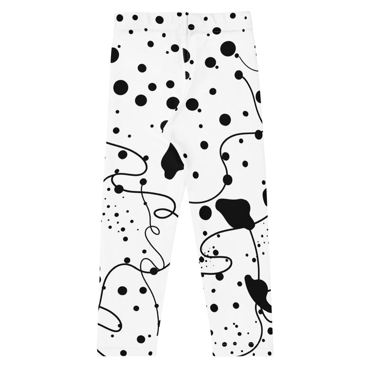 Dot & Line Girls Leggings, white background with black spots, lines, and dots interwoven throughout the design, back view