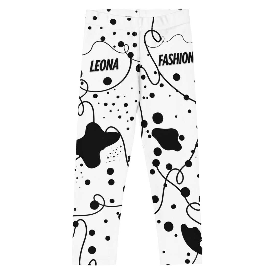 Dot & Line Girls Leggings, white background with black spots, lines, and dots interwoven throughout the design, front view-with a visible 'Leona Fashion' text on the design