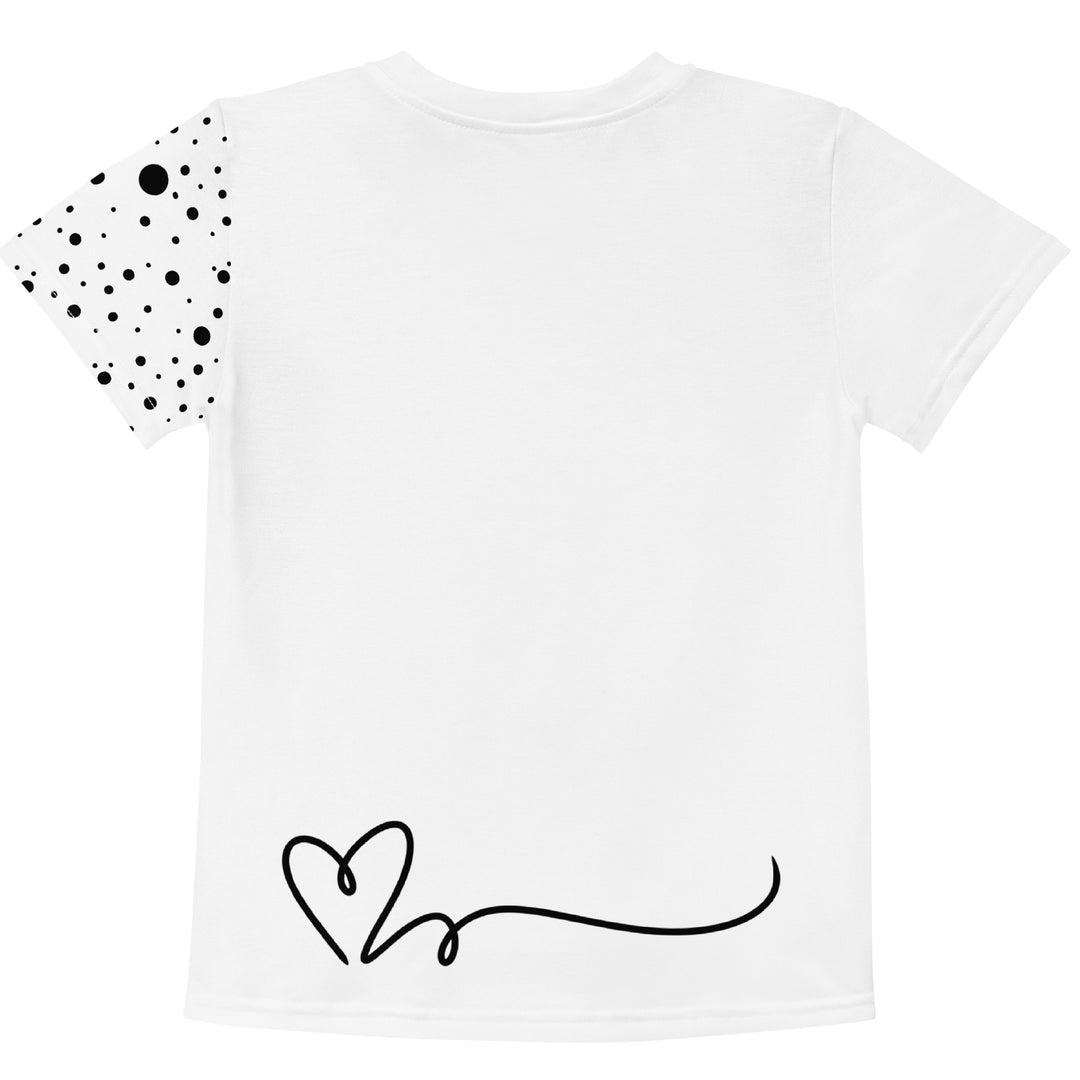  Dot & Line Girls T-shirt, white background with black spots, lines, and a heart on the front, black dots on the left sleeve, and a black heart with a line detail near the bottom on the back, back view