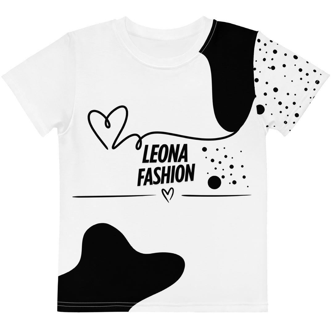 Dot & Line Girls T-shirt, white background with black spots, lines, and a heart on the front, black dots on the left sleeve, and a black heart with a line detail near the bottom on the back, front view-with a visible 'Leona Fashion' text on the design